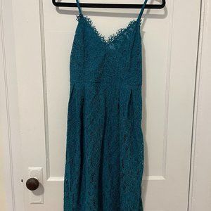 Lulus Royal Treatment Teal Blue Lace Midi Skater Dress, size small